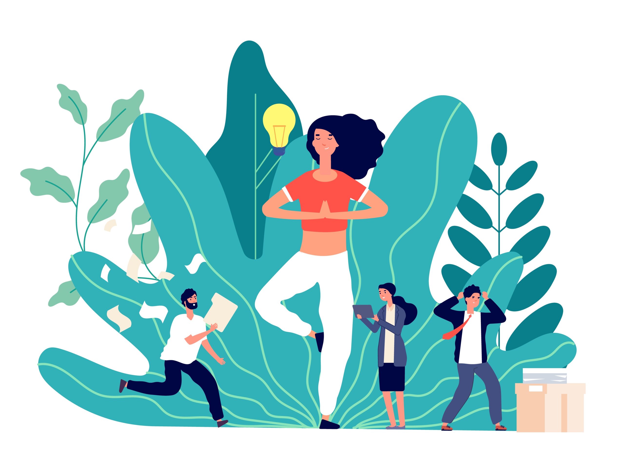 Meditation. Office work balance, creative woman works and thinks. Exercises for searching ideas, emotional business team vector concept. Illustration woman relax in office, balance yoga in business